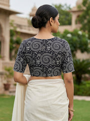 Black Madhubani Printed Cotton Blouse Half Sleeve (Size 30–42)