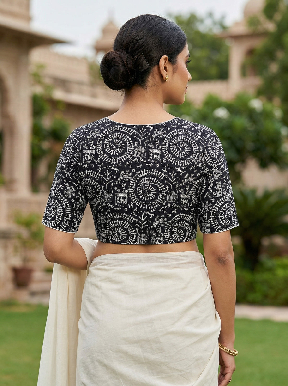 Black Madhubani Printed Cotton Blouse Half Sleeve (Size 30–42)