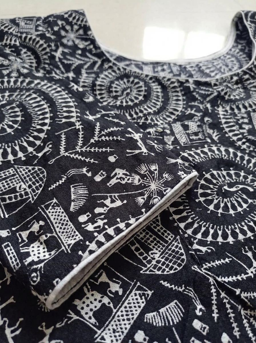 Black Madhubani Print Cotton Blouse