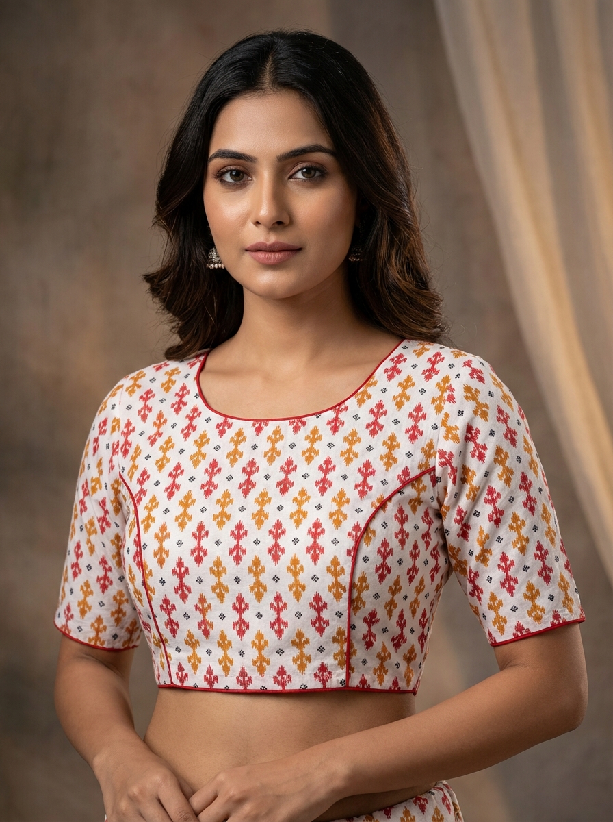 Cotton Ikkat Print White Blouse