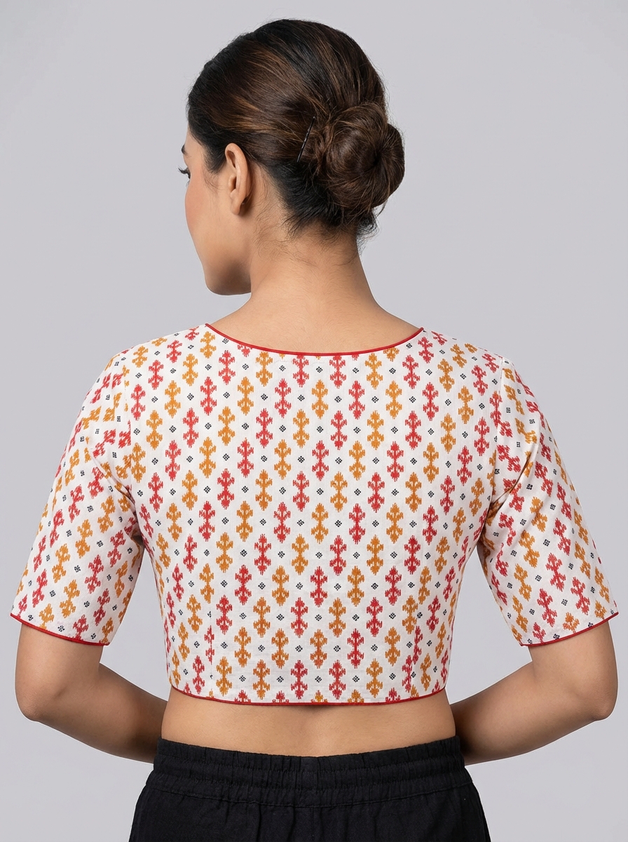 Cotton Ikkat Print White Blouse