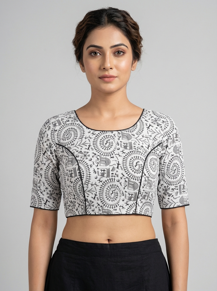 Cotton White Madhubani Print Blouse with Back Lace