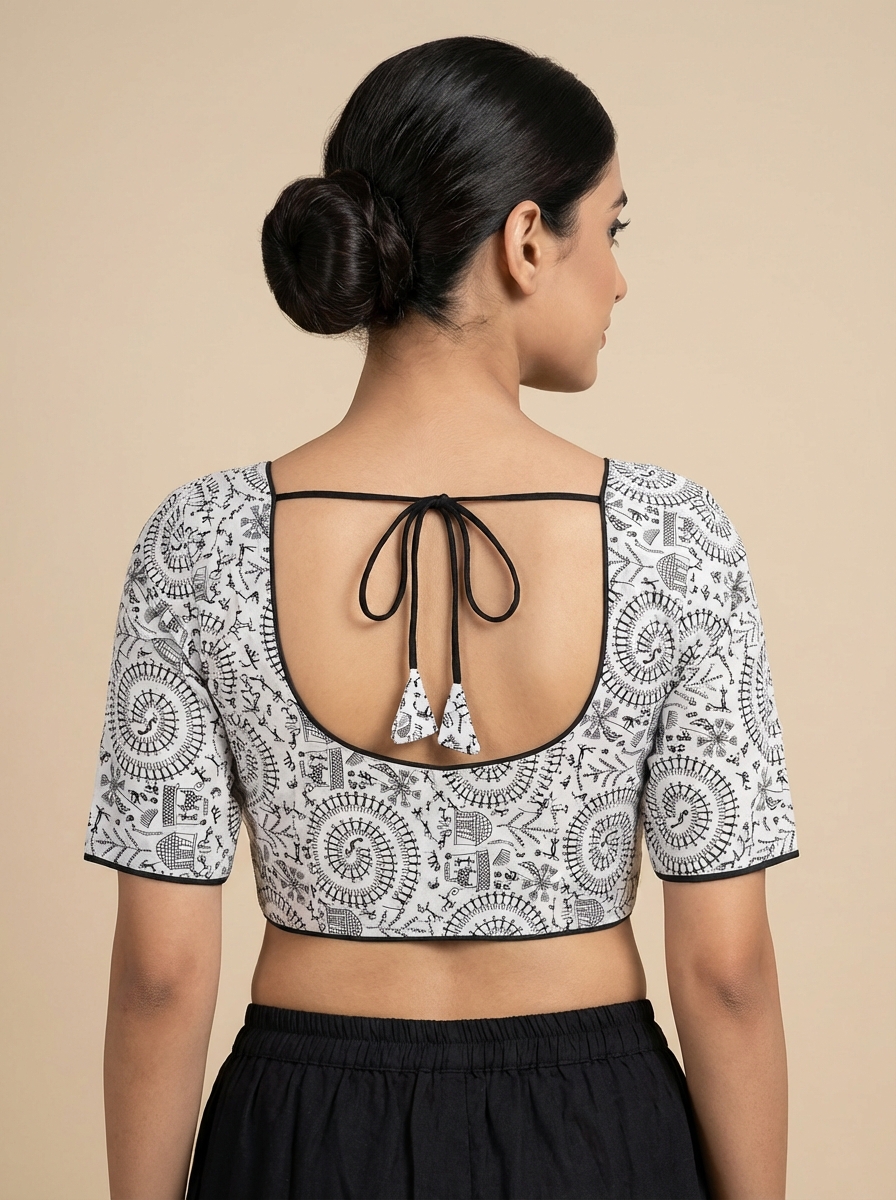 Cotton White Madhubani Print Blouse with Back Lace