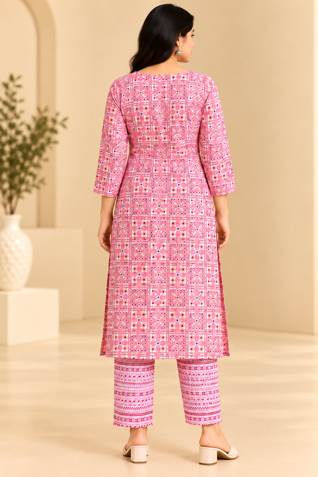 Women Pink Printed Kurta Pant Set | Geometric Print 2 Piece Ethnic Wear image 2