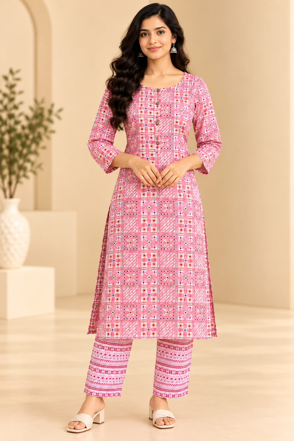 Women Pink Printed Kurta Pant Set | Geometric Print 2 Piece Ethnic Wear image 3
