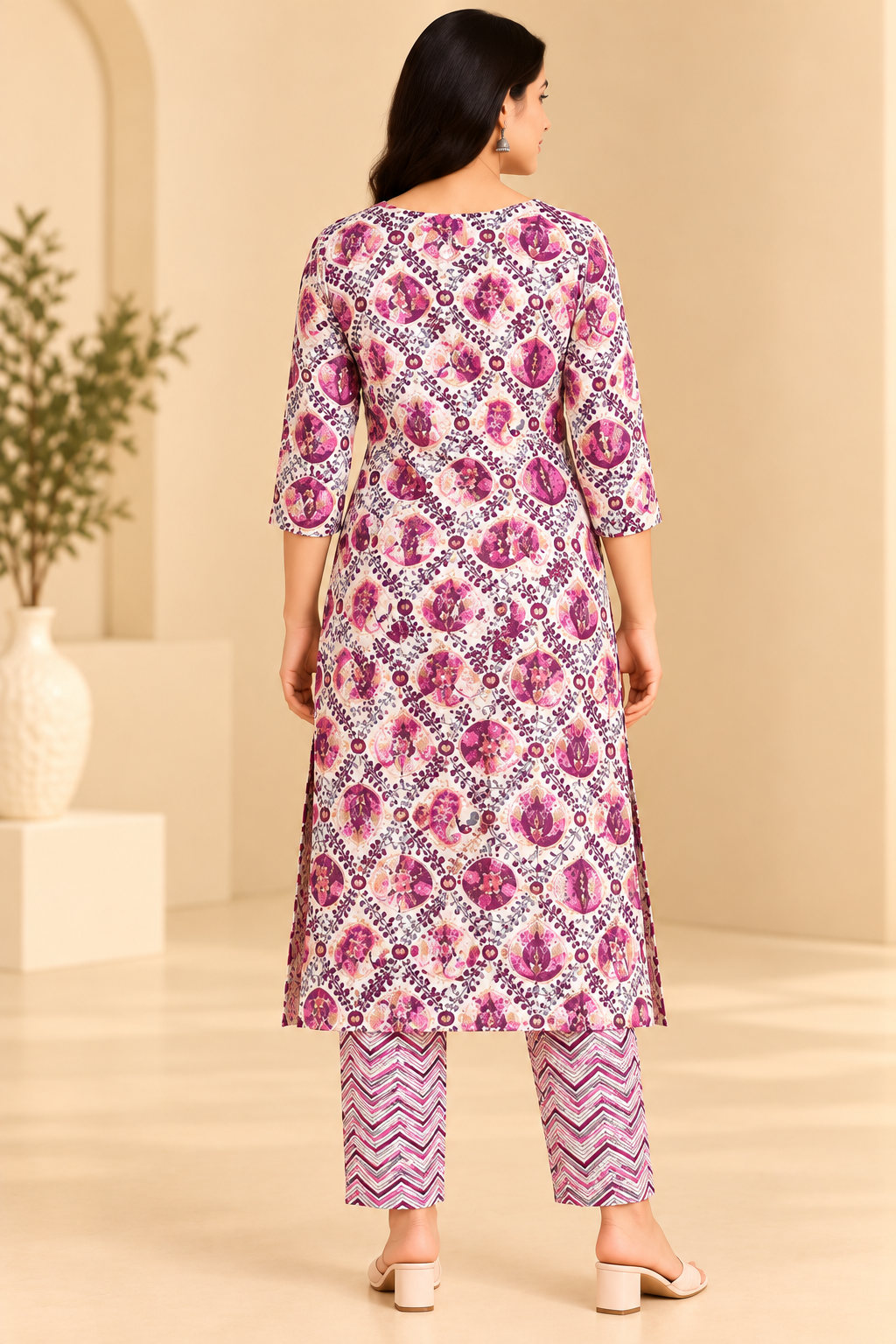 Women Cream Printed Kurta Pant Set | Magenta Paisley Print Ethnic Wear image 2