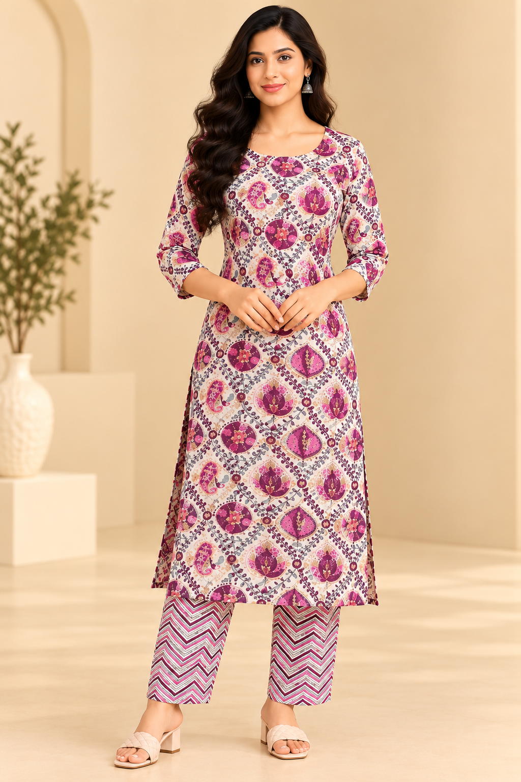 Women Cream Printed Kurta Pant Set | Magenta Paisley Print Ethnic Wear image 3