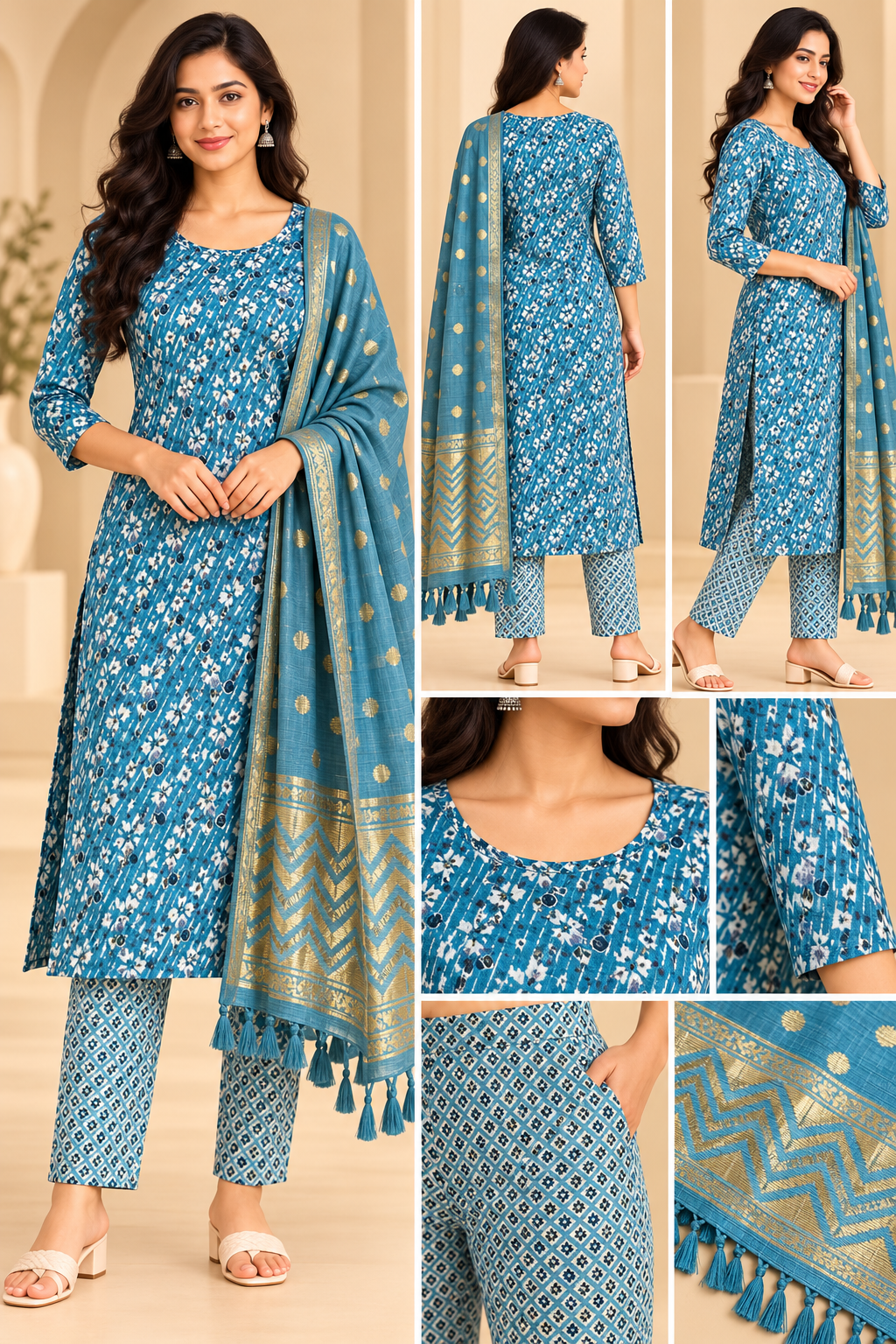 Women Teal Blue Printed Kurta Pant Dupatta Set | 3 Piece Ethnic Wear Suit