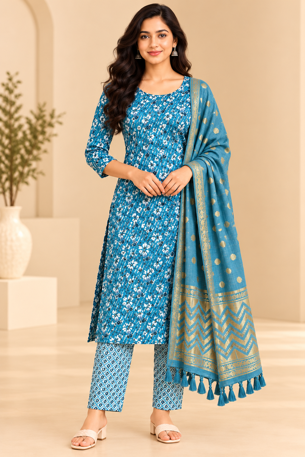 Women Teal Blue Printed Kurta Pant Dupatta Set | 3 Piece Ethnic Wear Suit image 2