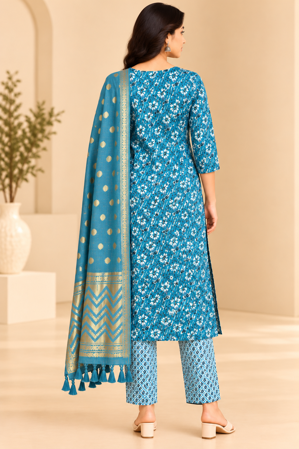 Women Teal Blue Printed Kurta Pant Dupatta Set | 3 Piece Ethnic Wear Suit image 3