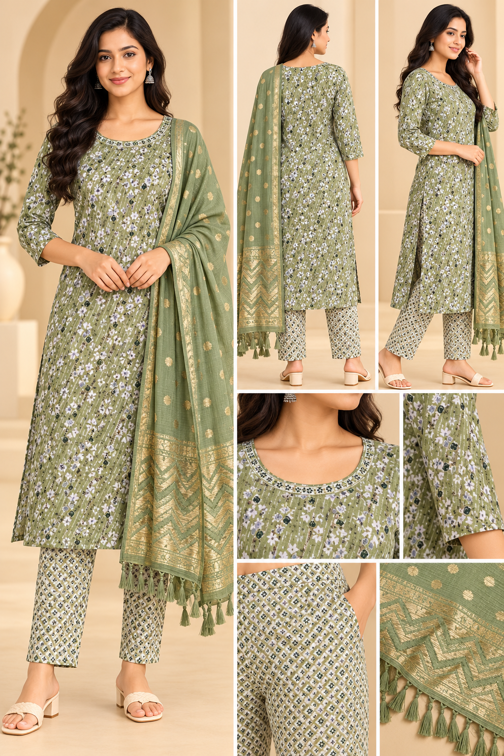 Women Sage Green Printed Kurta Pant Dupatta Set | 3 Piece Ethnic Wear Suit