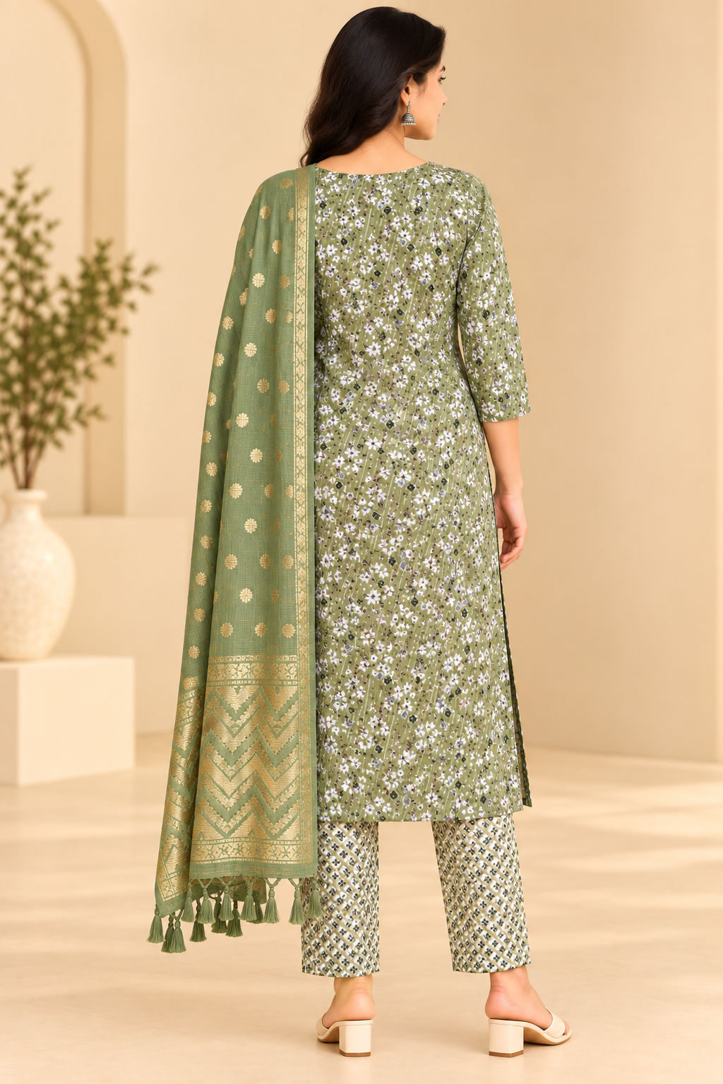 Women Sage Green Printed Kurta Pant Dupatta Set | 3 Piece Ethnic Wear Suit image 2