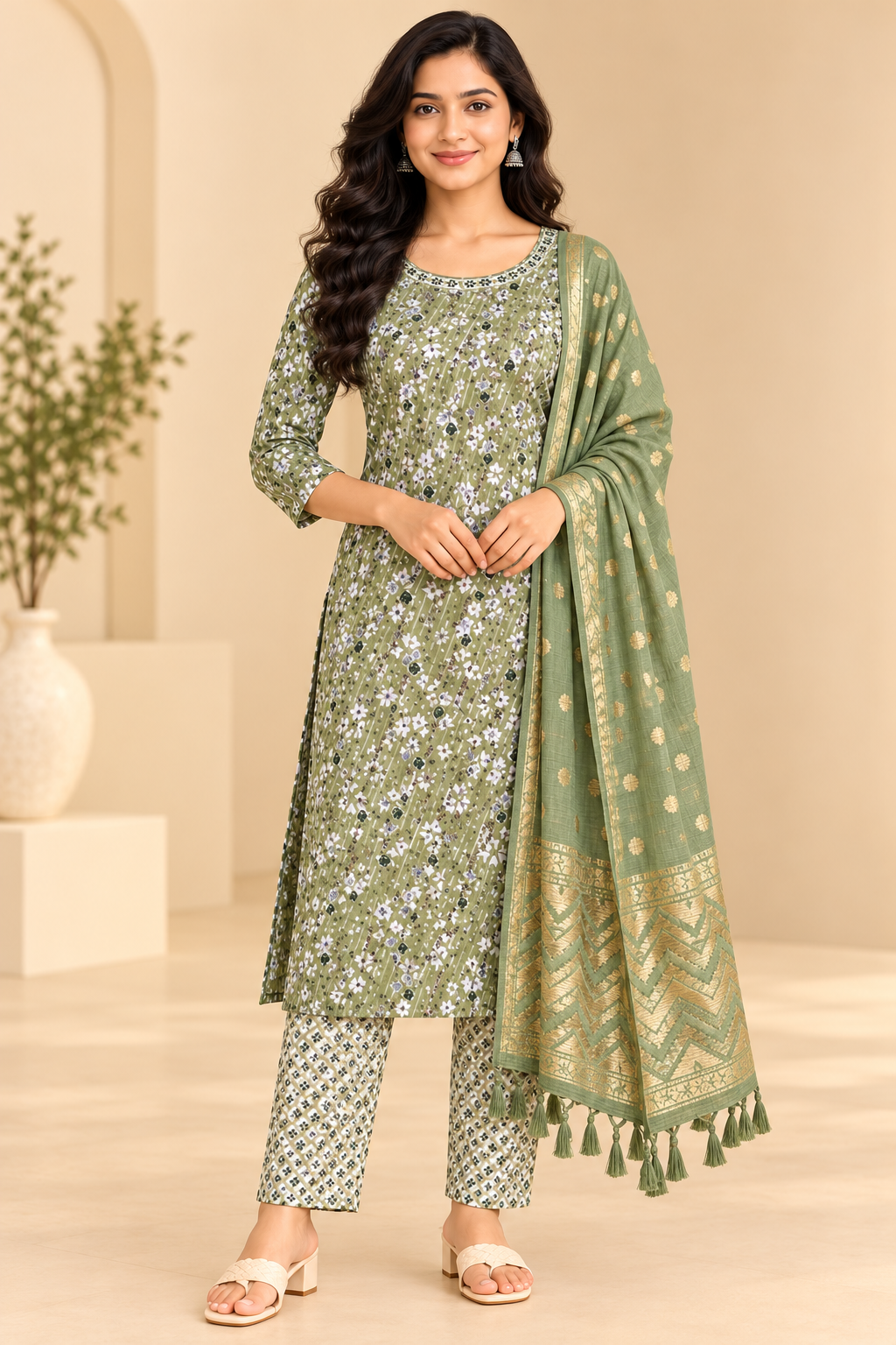Women Sage Green Printed Kurta Pant Dupatta Set | 3 Piece Ethnic Wear Suit image 3