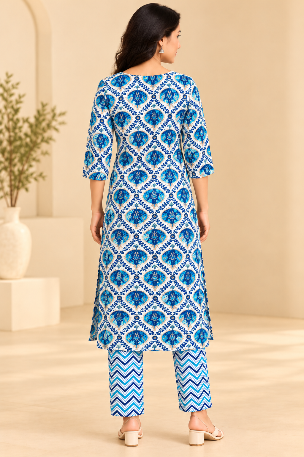 Women Blue & White Printed Kurti Pant Set | 3/4 Sleeve Ethnic Wear Co-ord Set image 2
