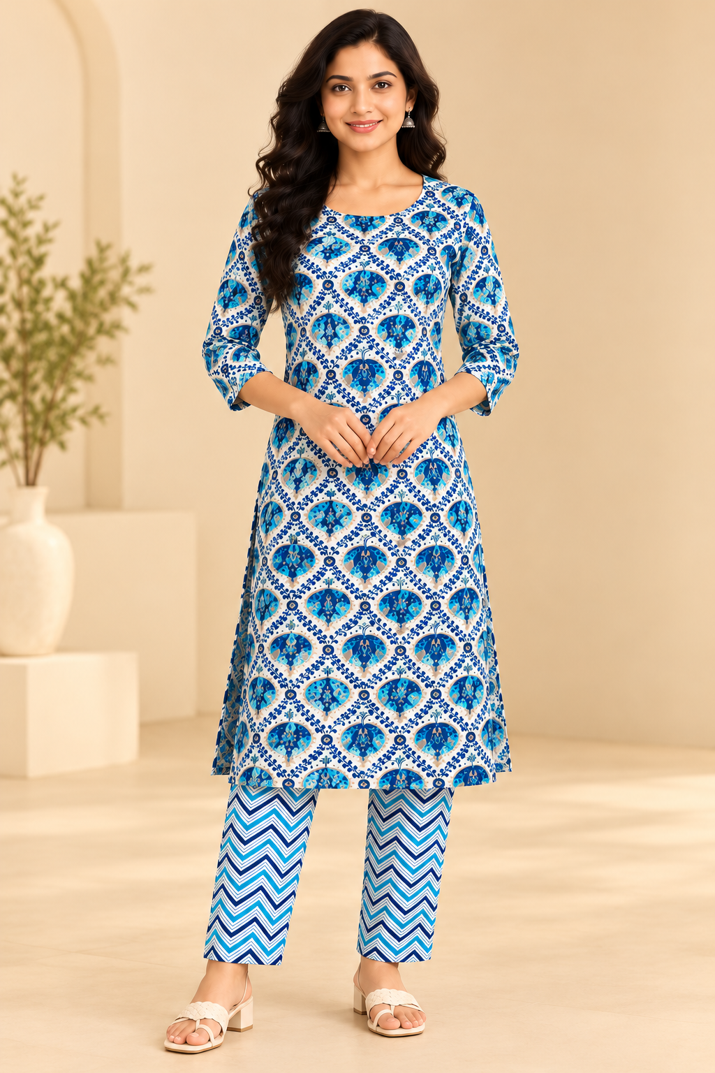 Women Blue & White Printed Kurti Pant Set | 3/4 Sleeve Ethnic Wear Co-ord Set image 3
