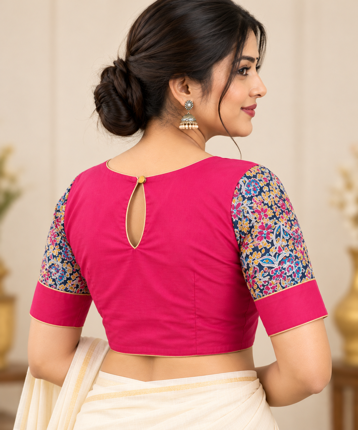 Fuchsia Pink Designer Saree Blouse with Printed Sleeves and Golden Piping
