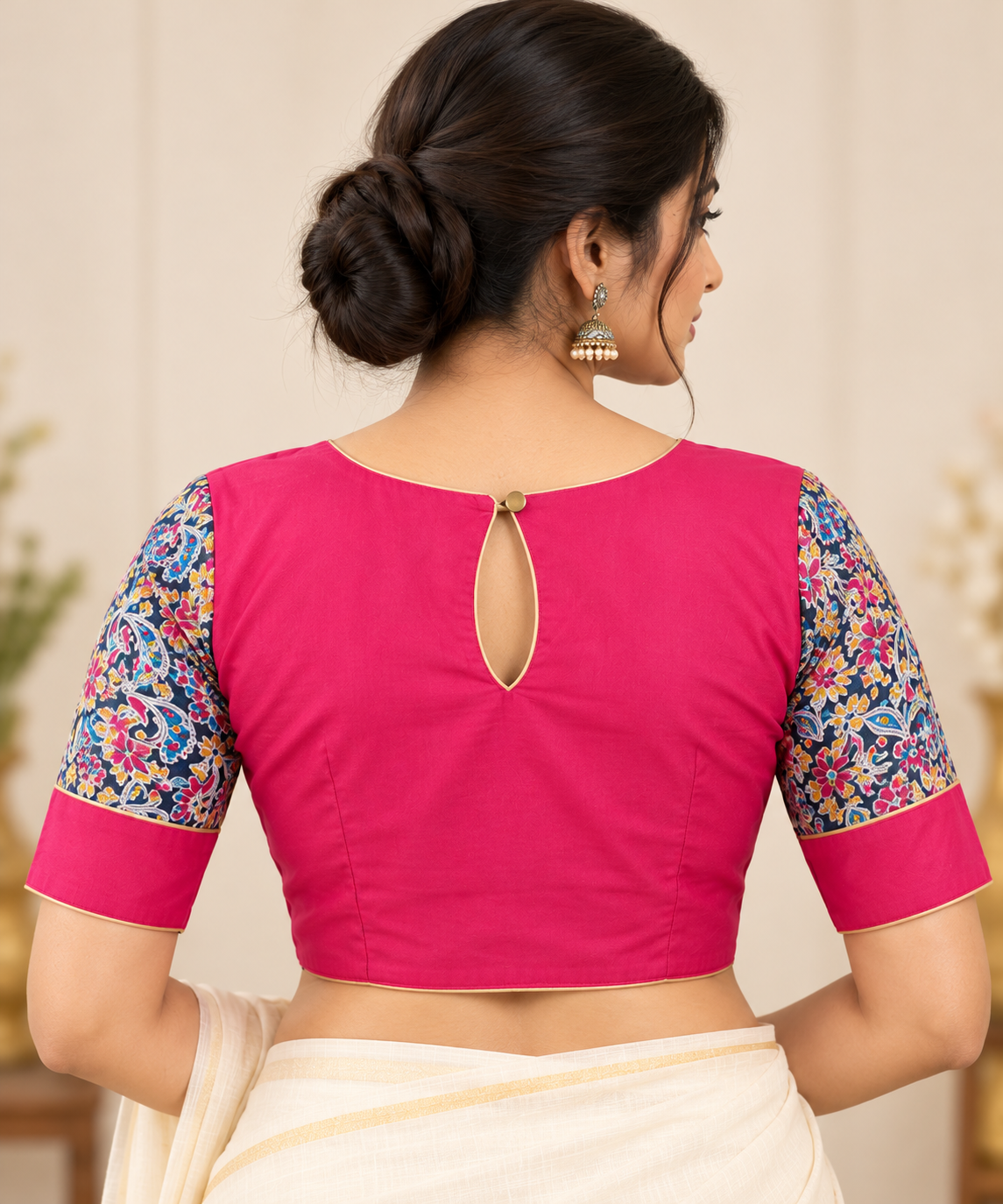 Fuchsia Pink Designer Saree Blouse with Printed Sleeves and Golden Piping image 2