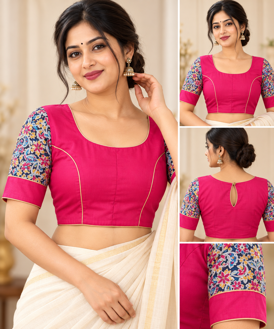 Fuchsia Pink Designer Saree Blouse with Printed Sleeves and Golden Piping image 3