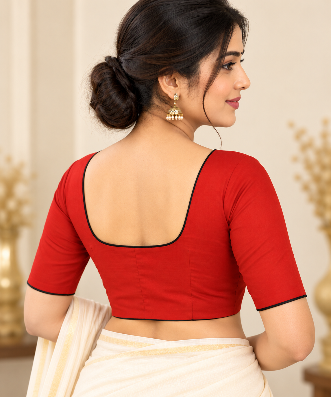 Red Designer Saree Blouse for Women with Black Piping and Square Neckline