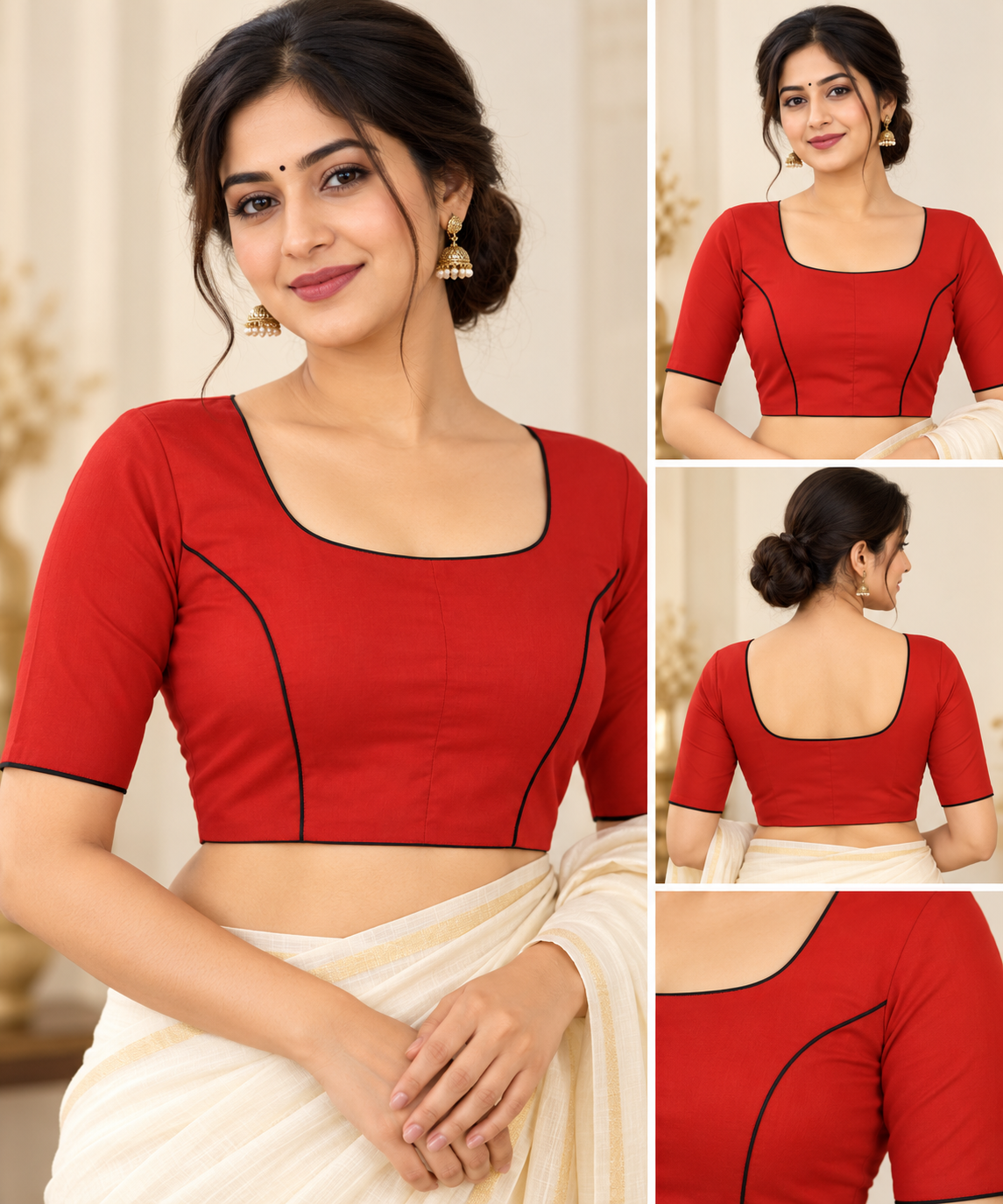 Red Designer Saree Blouse for Women with Black Piping and Square Neckline image 3