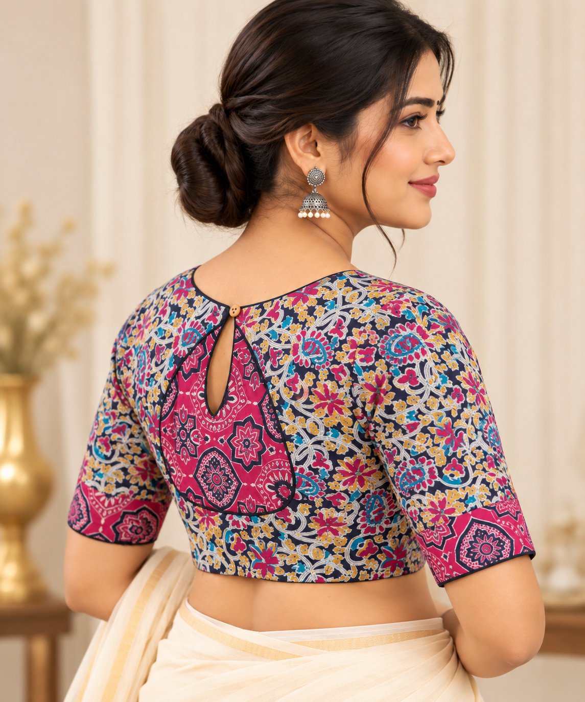 Multicolor Floral Printed Designer Saree Blouse with Pink Contrast Back Panel