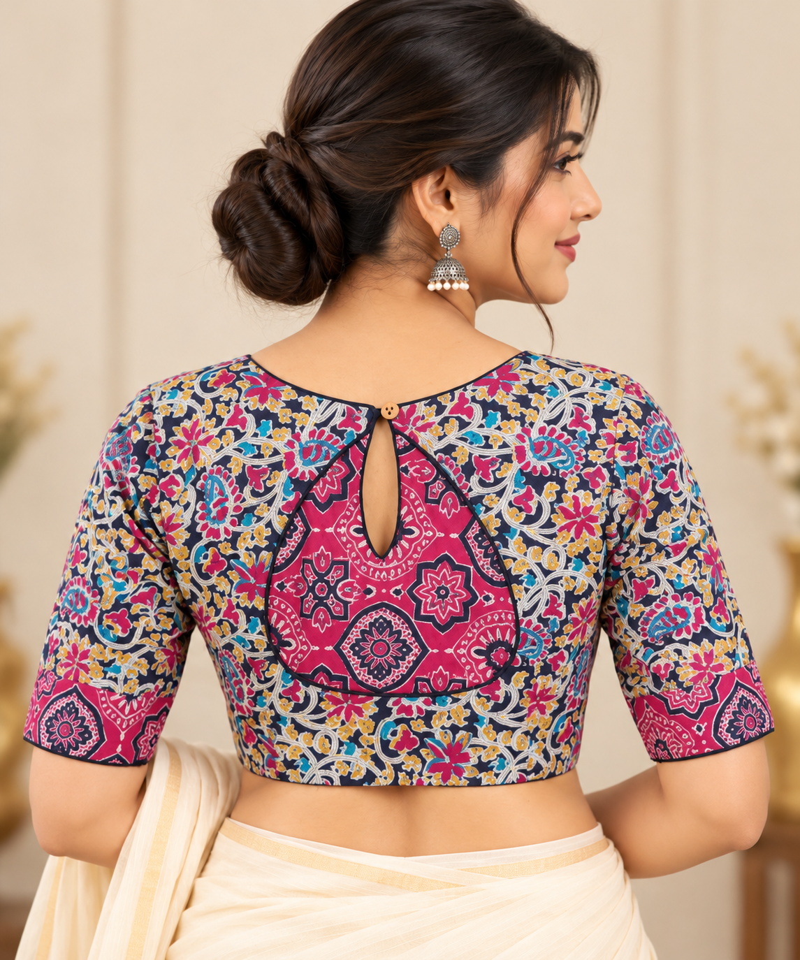 Multicolor Floral Printed Designer Saree Blouse with Pink Contrast Back Panel image 2