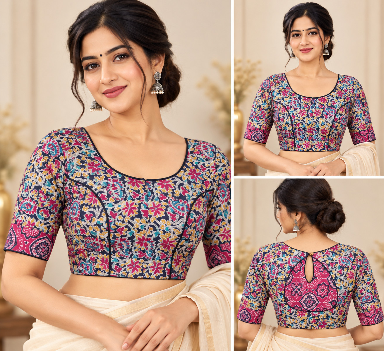 Multicolor Floral Printed Designer Saree Blouse with Pink Contrast Back Panel image 3