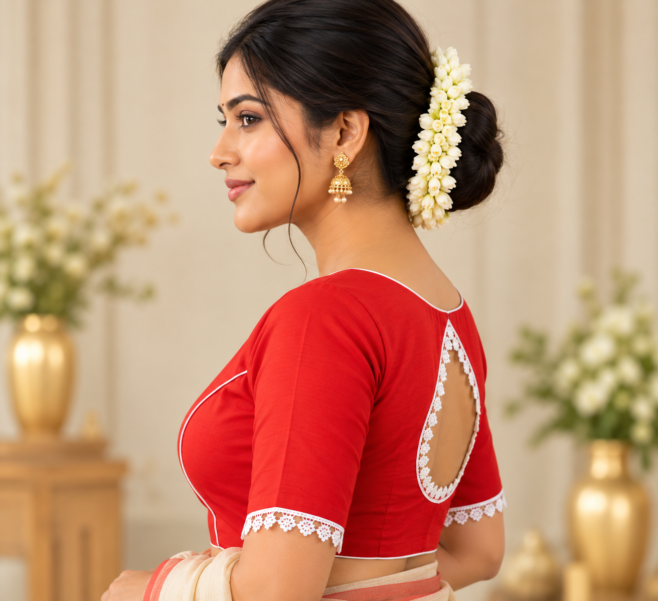 Red Designer Saree Blouse with White Lace Teardrop Back Cutout and Half Sleeves