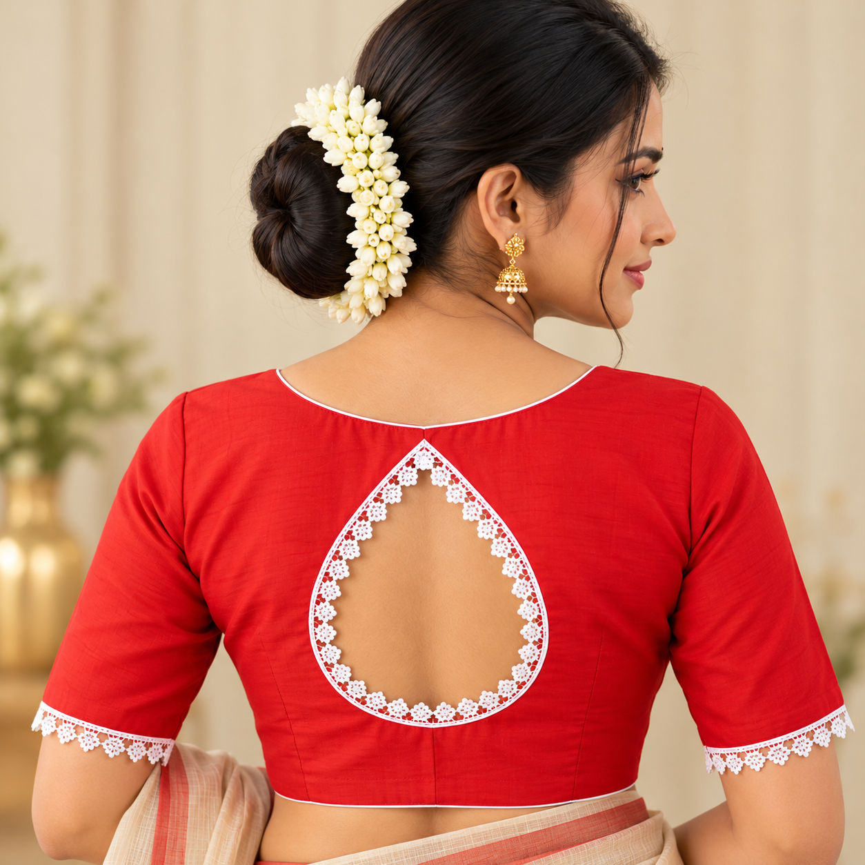 Red Designer Saree Blouse with White Lace Teardrop Back Cutout and Half Sleeves image 2