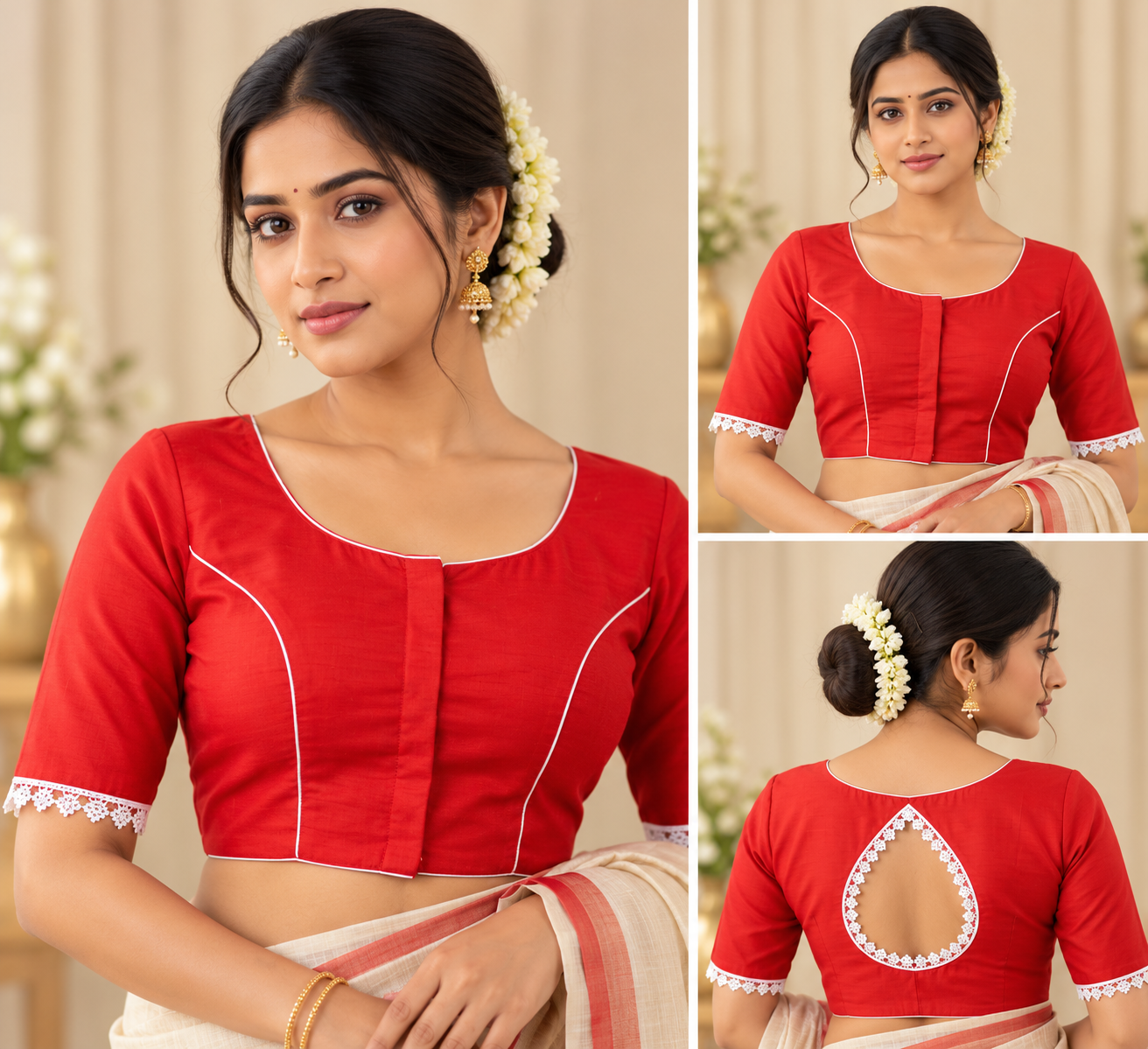 Red Designer Saree Blouse with White Lace Teardrop Back Cutout and Half Sleeves image 3