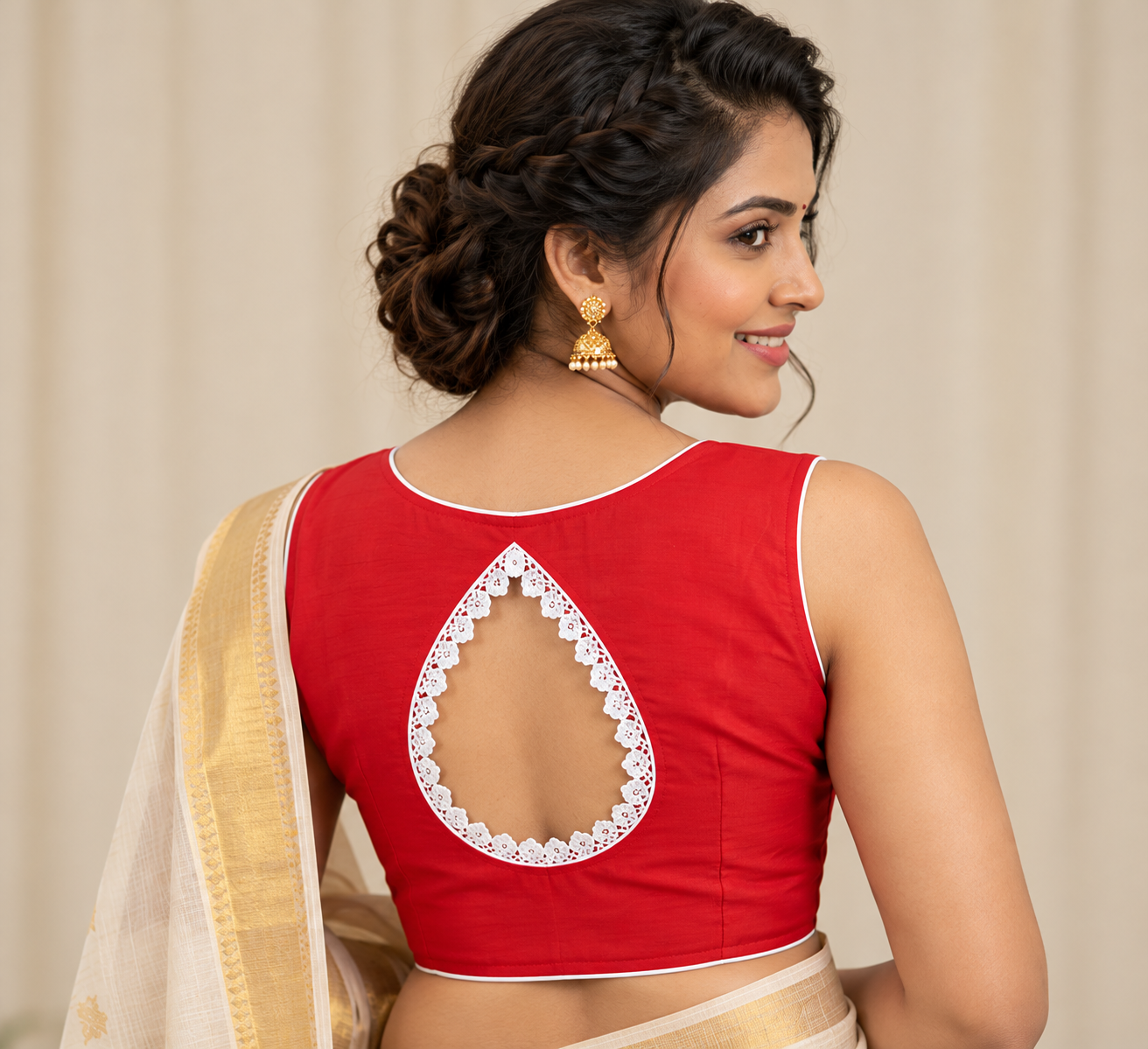 Red Designer Sleeveless Saree Blouse with White Lace Teardrop Back Cutout image 2