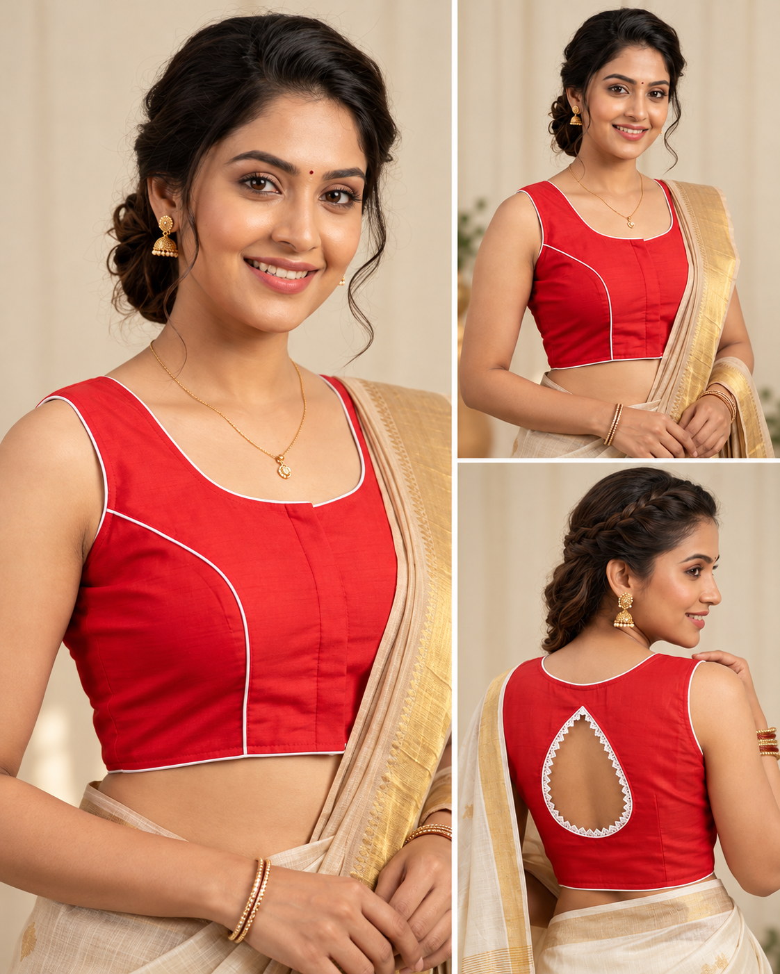 Red Designer Sleeveless Saree Blouse with White Lace Teardrop Back Cutout image 3
