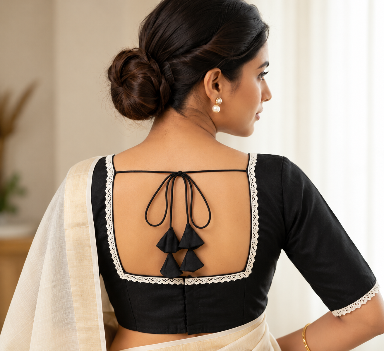 Black Designer Saree Blouse with White Lace Trim, Square Neck and Back Tie Tassels image 2