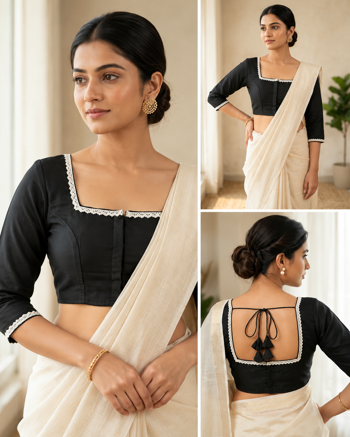 Black Designer Saree Blouse with White Lace Trim, Square Neck and Back Tie Tassels image 3