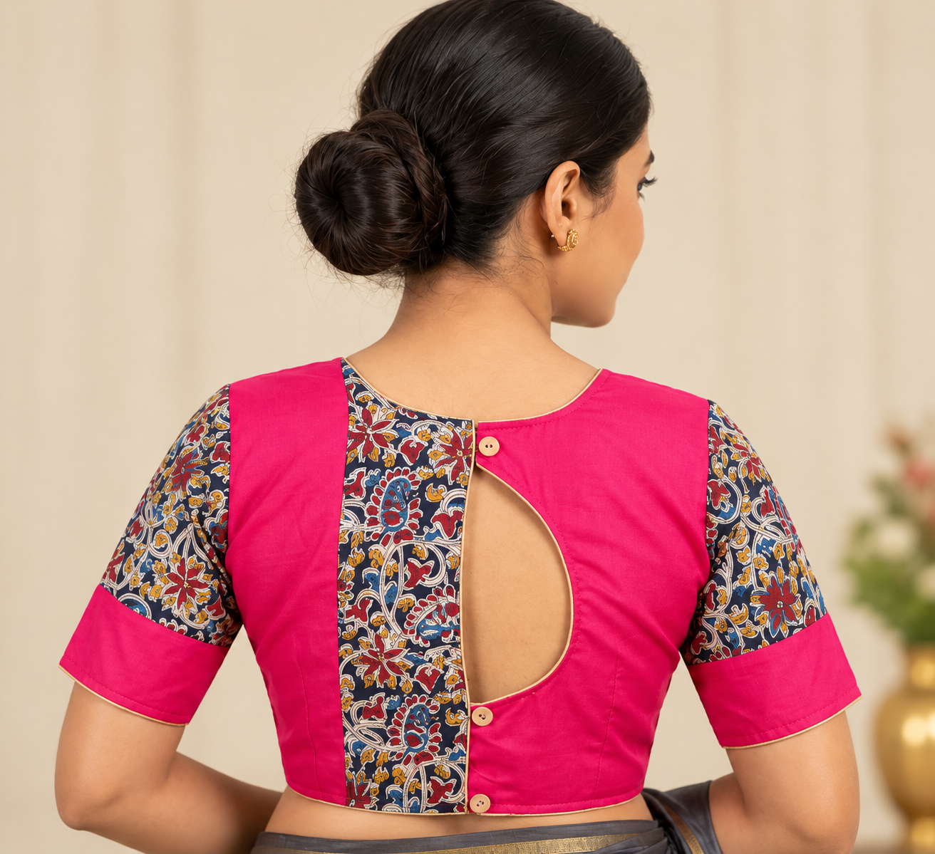 Fuchsia Pink Designer Saree Blouse with Printed Sleeves and Keyhole Back Design image 2