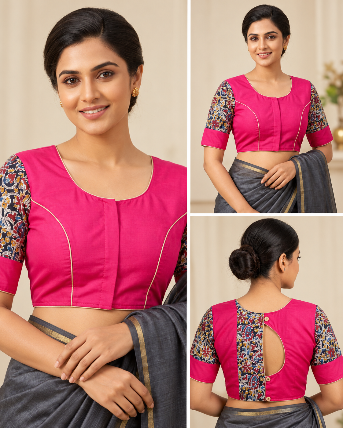 Fuchsia Pink Designer Saree Blouse with Printed Sleeves and Keyhole Back Design image 3