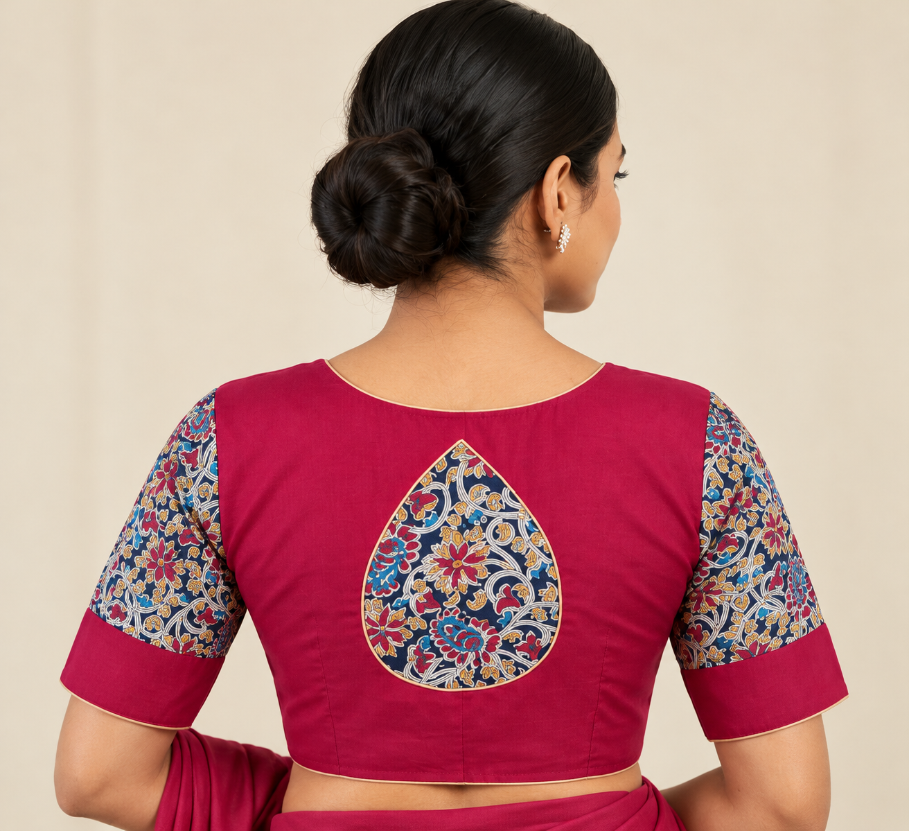 Magenta Designer Saree Blouse with Printed Sleeves and Teardrop Back Design image 2
