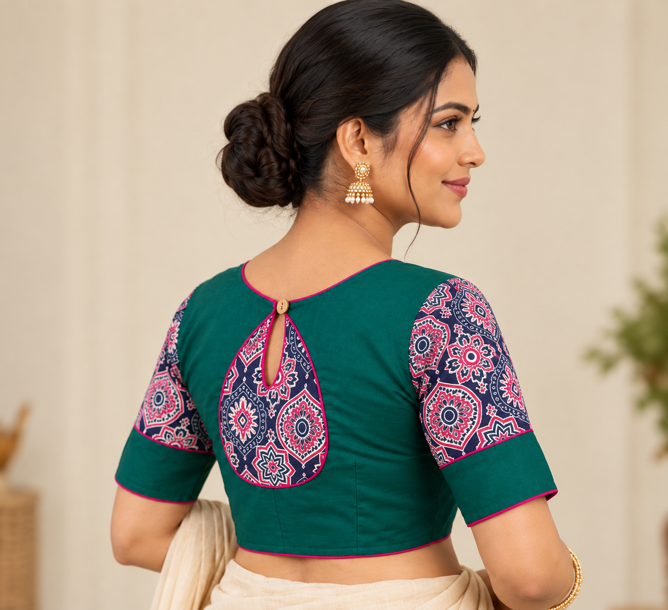 Teal Green Designer Saree Blouse with Printed Sleeves and Keyhole Back