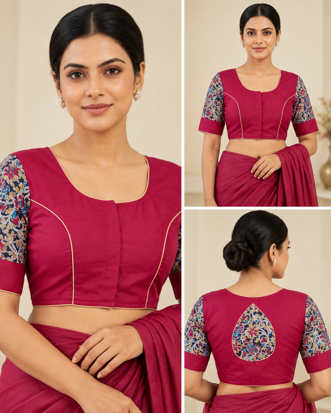 Magenta Designer Saree Blouse with Printed Sleeves and Teardrop Back Design image 3
