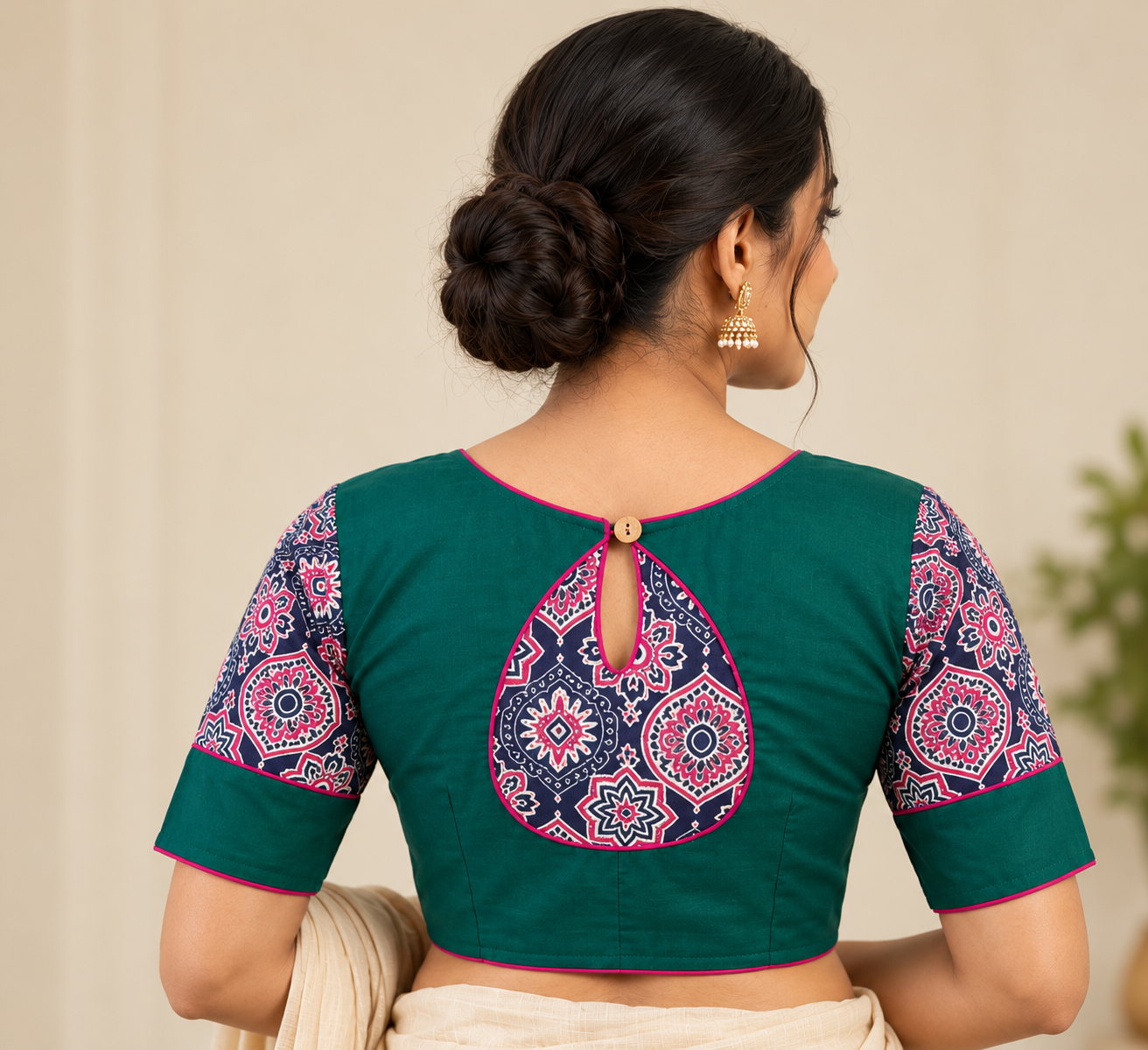 Teal Green Designer Saree Blouse with Printed Sleeves and Keyhole Back image 2