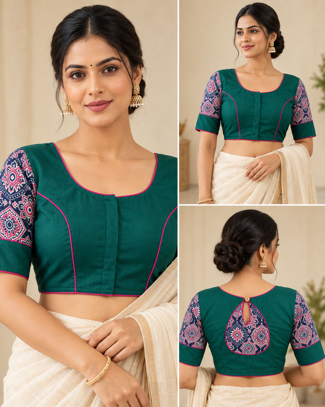 Teal Green Designer Saree Blouse with Printed Sleeves and Keyhole Back image 3