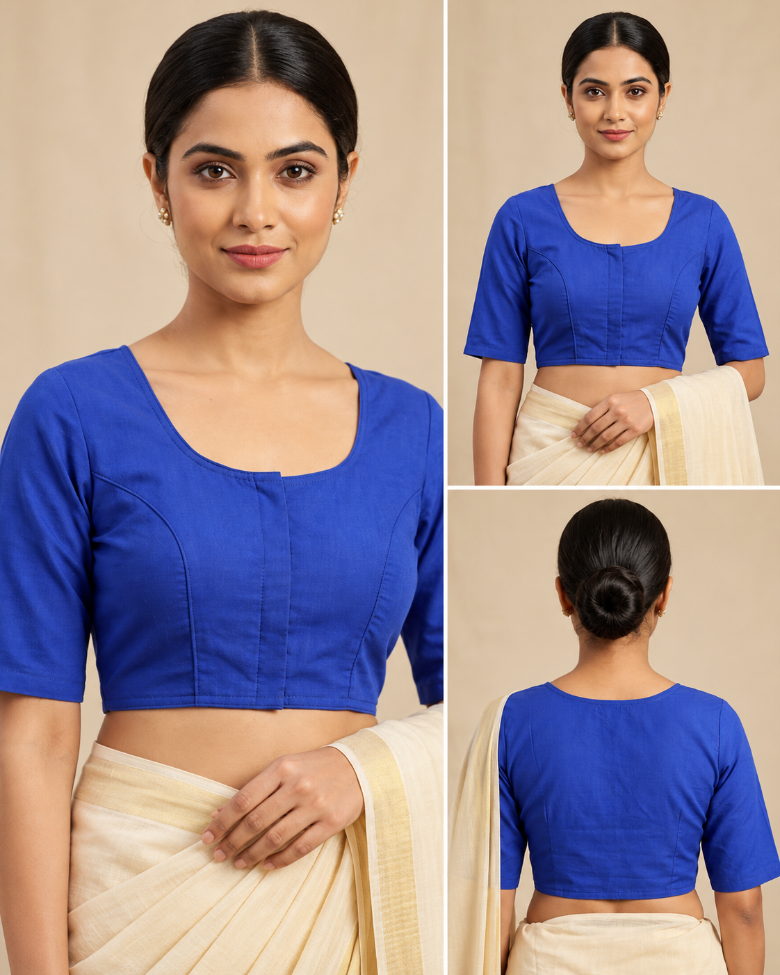 Royal Blue Designer Saree Blouse for Women with Round Neck and Elbow Sleeves image 3