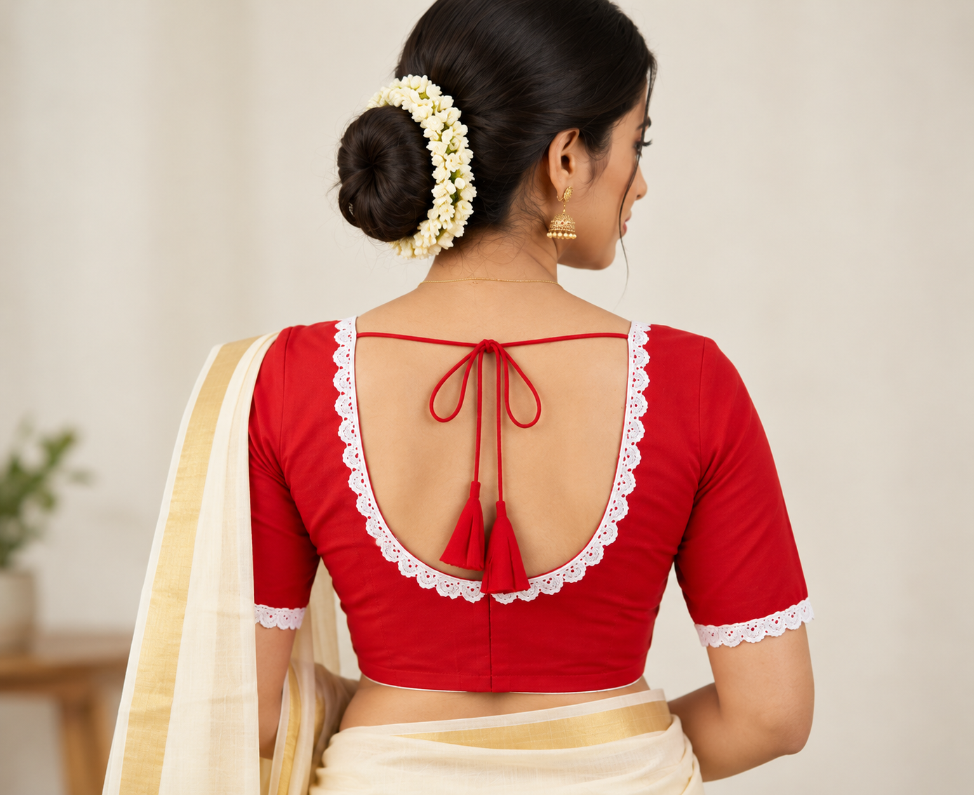 Red Designer Saree Blouse for Women with White Lace, Round Neck and Back Dori Tassels image 2