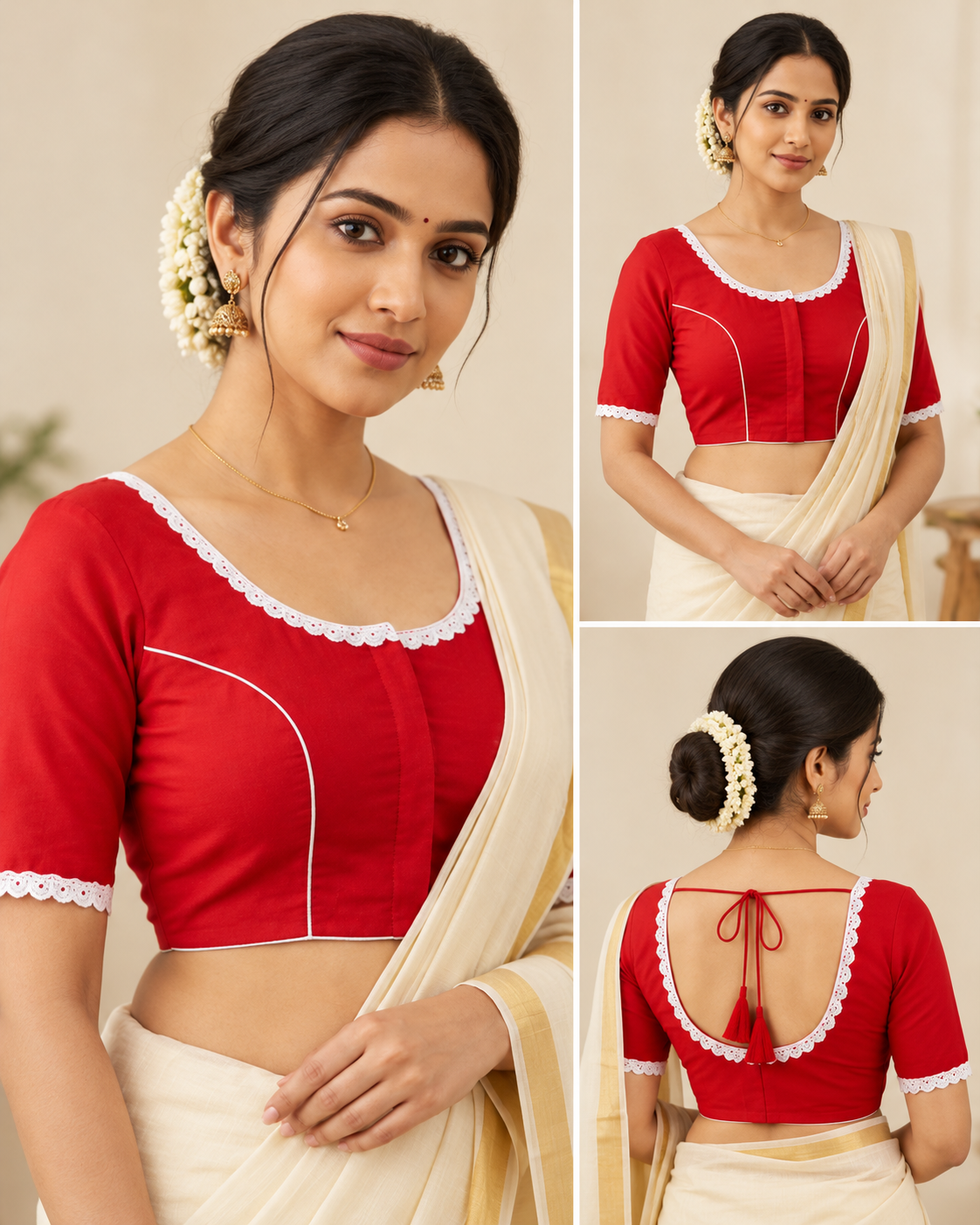 Red Designer Saree Blouse for Women with White Lace, Round Neck and Back Dori Tassels image 3