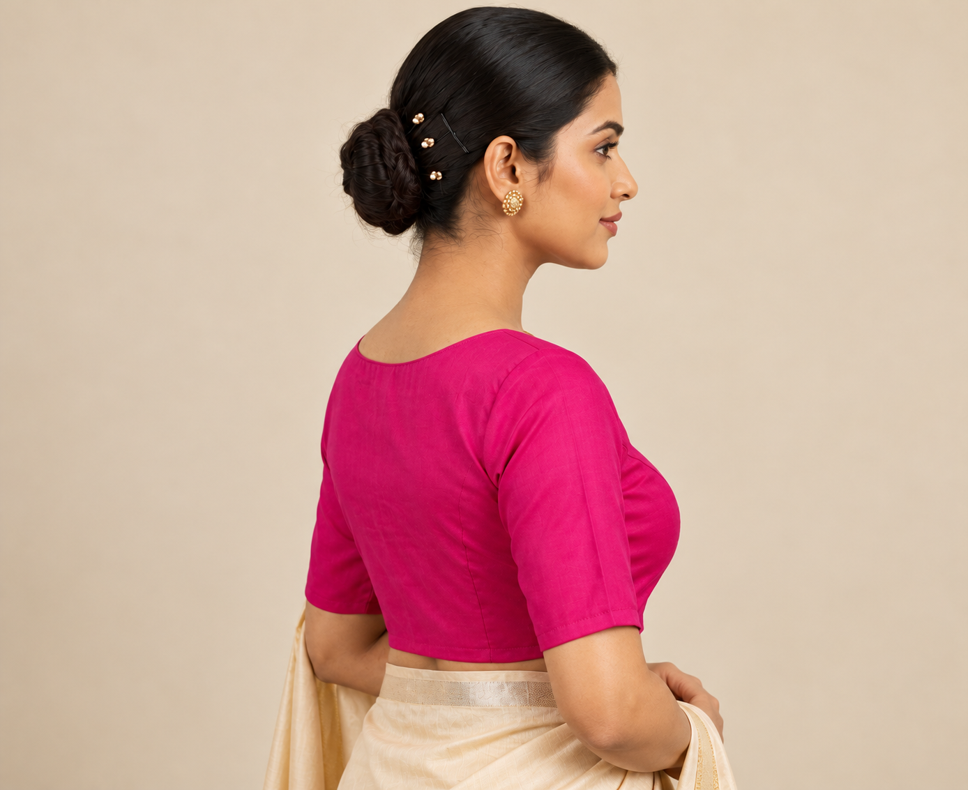 Magenta Pink Designer Saree Blouse for Women with Round Neck and Elbow Sleeves