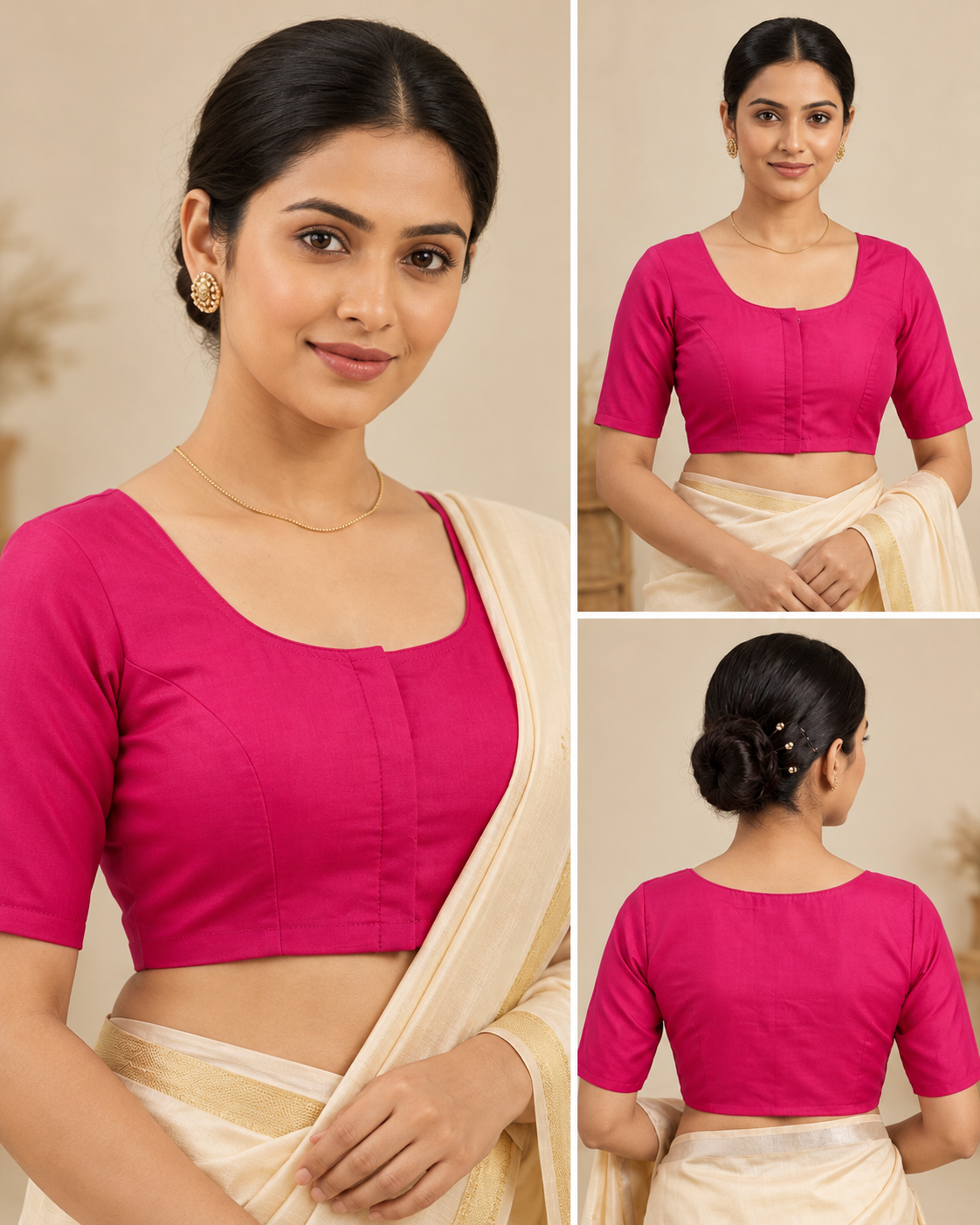 Magenta Pink Designer Saree Blouse for Women with Round Neck and Elbow Sleeves image 3