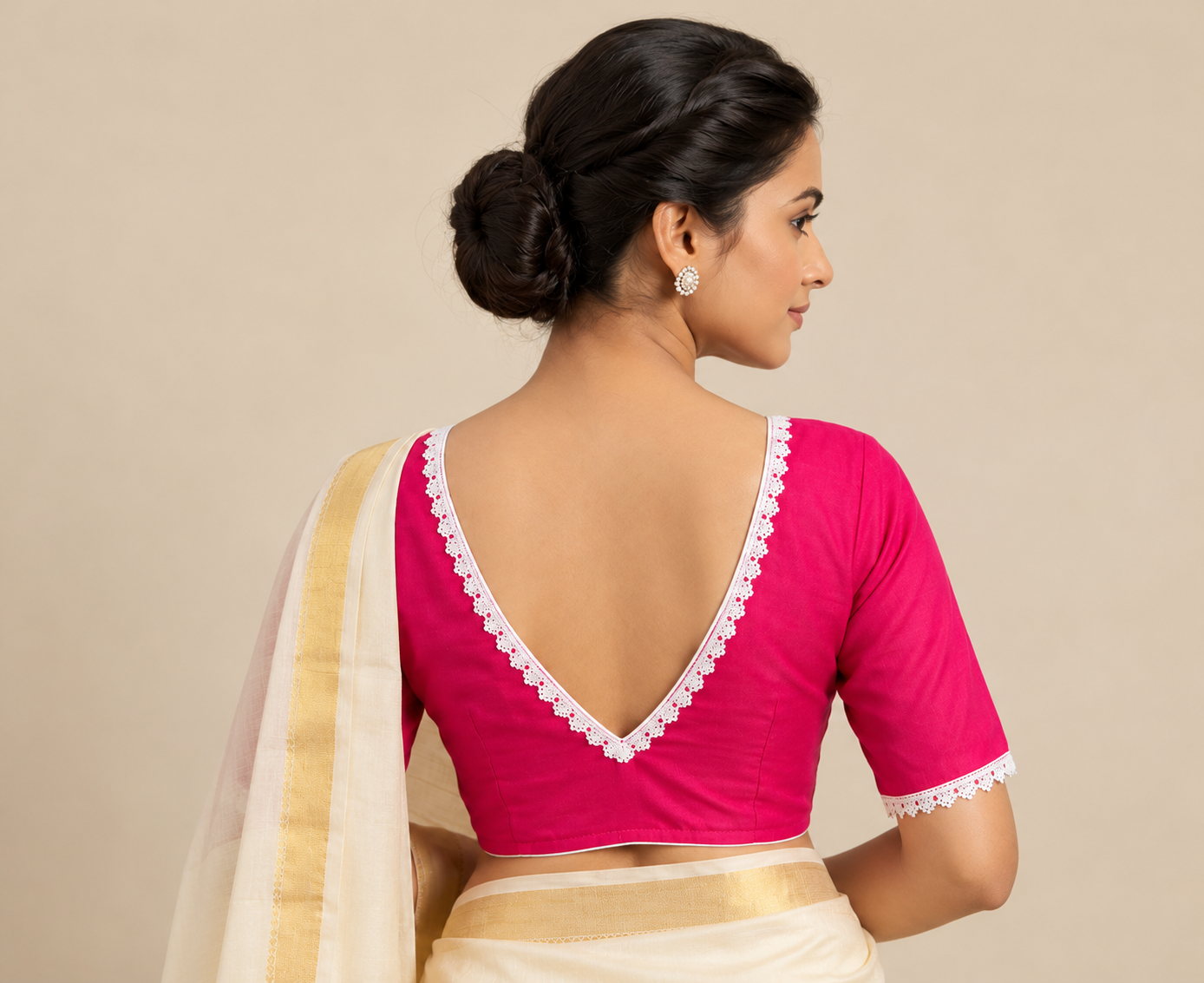Fuchsia Pink Designer Saree Blouse for Women with White Lace and Deep V-Back image 2