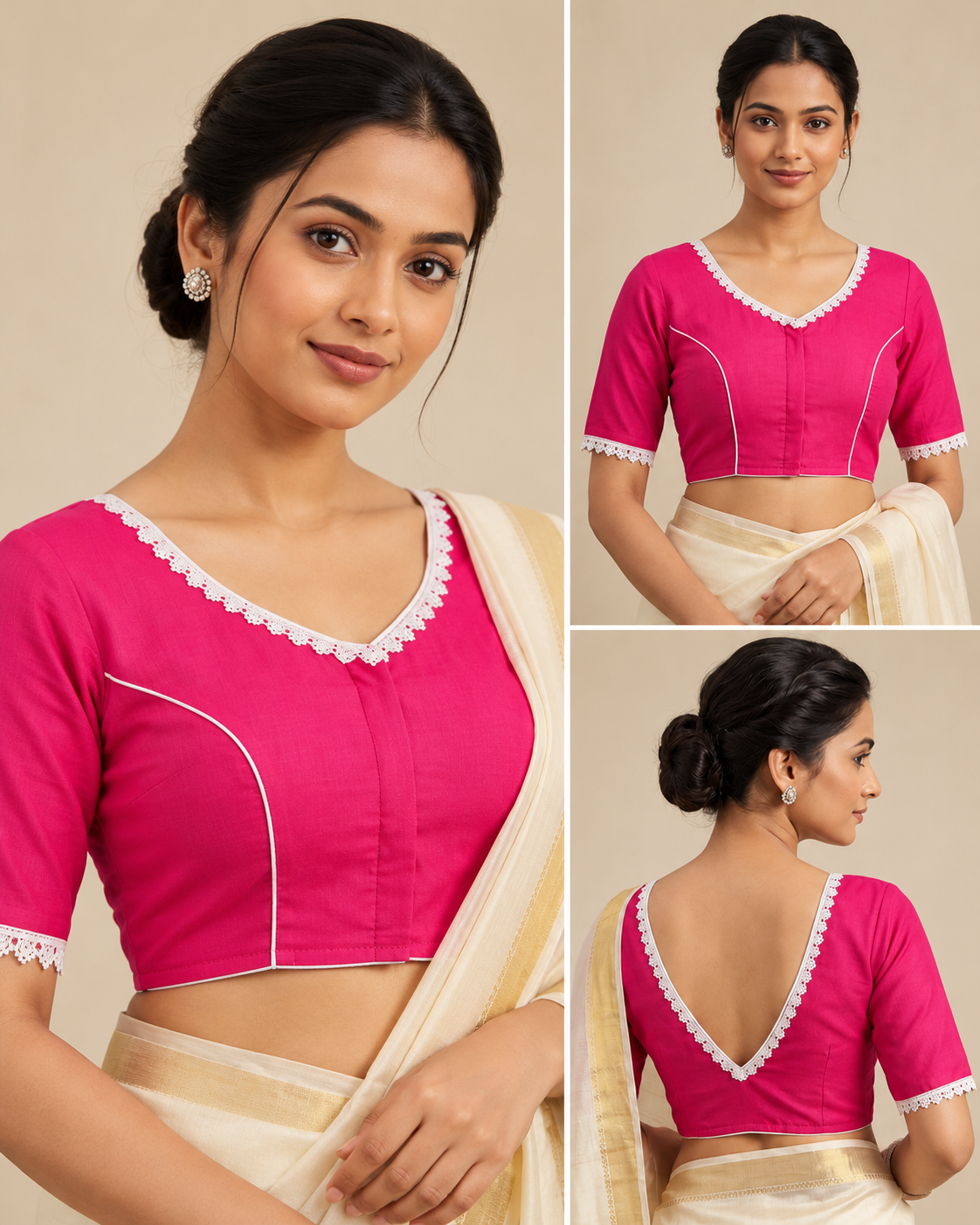 Fuchsia Pink Designer Saree Blouse for Women with White Lace and Deep V-Back image 3