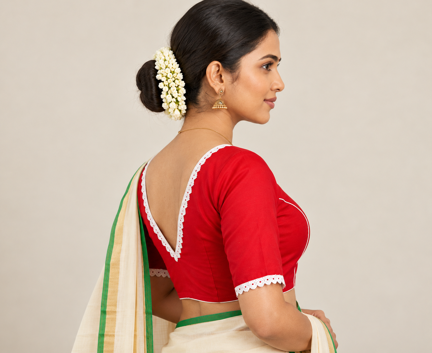 Red Designer Saree Blouse for Women with White Lace and Deep V-Back