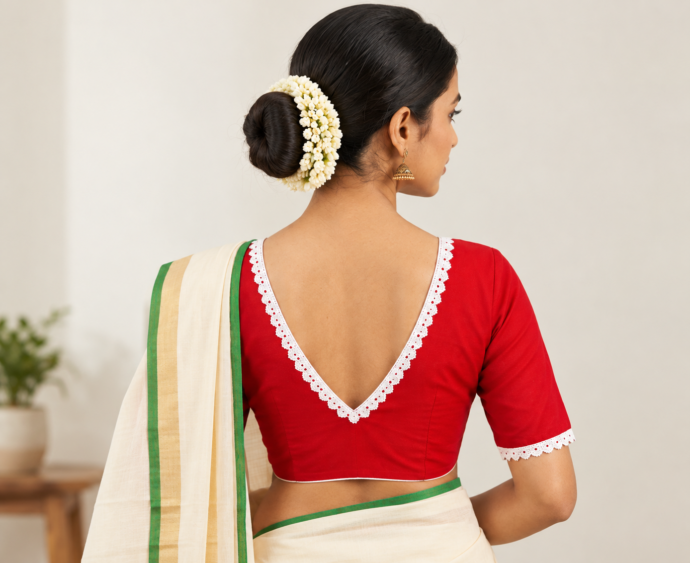 Red Designer Saree Blouse for Women with White Lace and Deep V-Back image 2